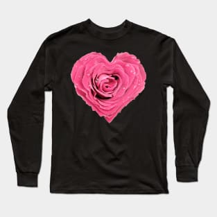 Heart Shaped Pink Flower with Water Droplets Long Sleeve T-Shirt